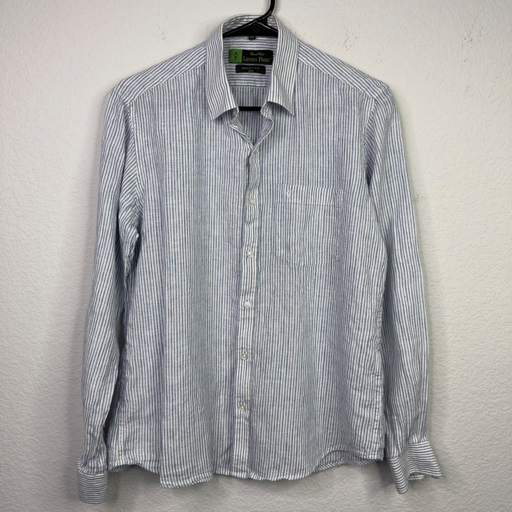 Ram Raj Linen Park Shirt Mens 40CM/M Blue White Striped Smart Fit Camp Coastal